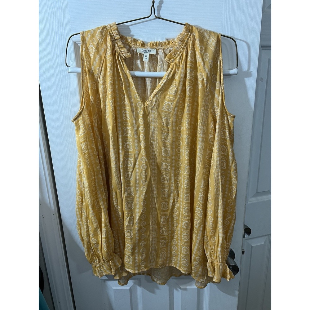 como blu womans 3X blouse floral yellow mustard color Cold Shoulder sleeves